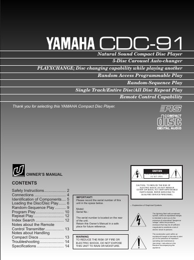 Yamaha CDC-91 Compact Disc Player Owner's Manual - cover page