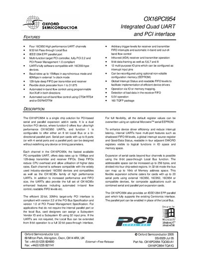 Oxford Semiconductor OX16PCI954 Datasheet - cover page
