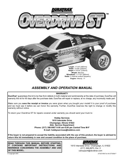 DuraTrax Overdrive ST Assembly and Operation Manual - cover page