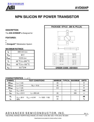 ASI AVD004P NPN Silicon RF Power Transistor Datasheet - cover page