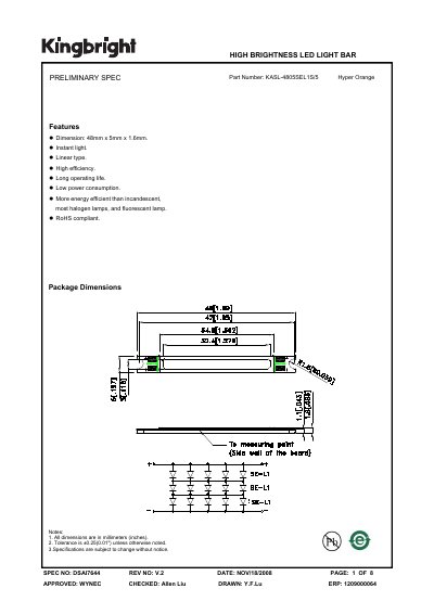 KINGBRIGHT - SPEC NO: DSAI7644 HIGH BRIGHTNESS LED LIGHT BAR Manual REV NO: V.2 DATE: NOV/18/2008 - cover page