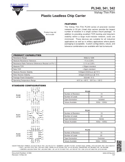Vishay PL340/341/342 Precision Resistor Networks Datasheet - cover page