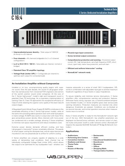 Lab.gruppen C 16:4 Installation Amplifier Technical Data - cover page