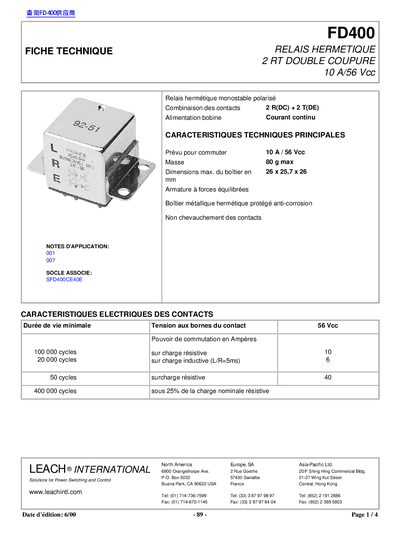 Leach International FD400 Hermetic Relay Datasheet - cover page