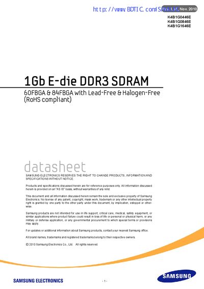 Samsung K4B1G1646E DDR3 SDRAM Datasheet - cover page