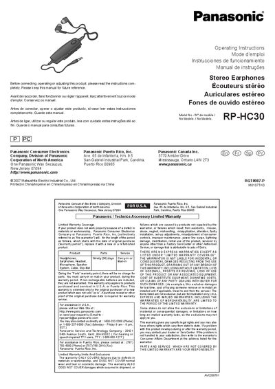 Panasonic RP-HC30 Stereo Earphones Operating Instructions