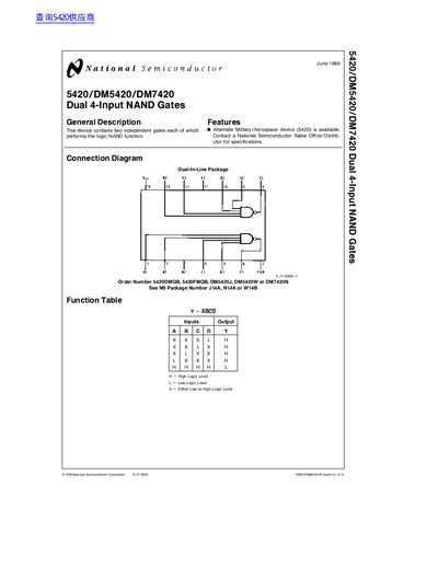 National Semiconductor 5420/DM5420/DM7420 Dual 4-Input NAND Gates Datasheet - cover page