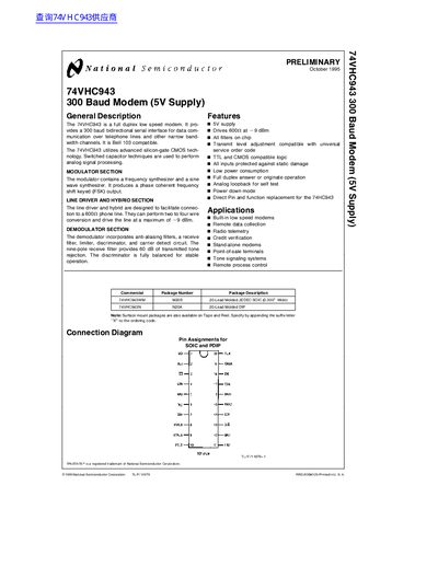 National Semiconductor 74VHC943 300 Baud Modem Datasheet - cover page