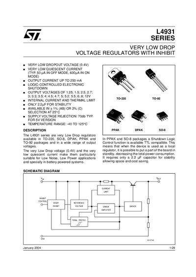 STMicroelectronics L4931 Series Very Low Dropout Voltage Regulators Datasheet - cover page