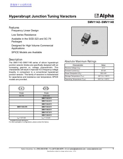 Alpha SMV1142-SMV1148 Hyperabrupt Junction Tuning Varactors Datasheet - cover page