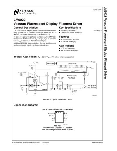 National Semiconductor LM9022 Vacuum Fluorescent Display Filament Driver Datasheet - cover page