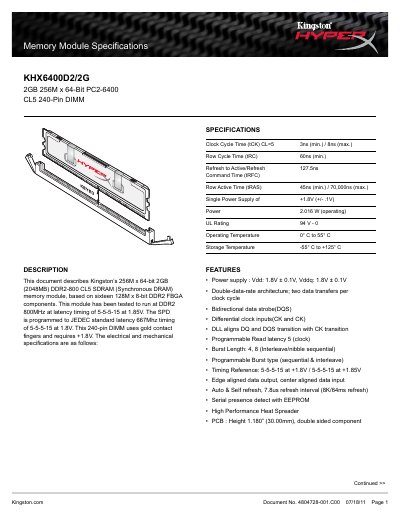 Kingston KHX6400D2/2G Memory Module Datasheet - cover page