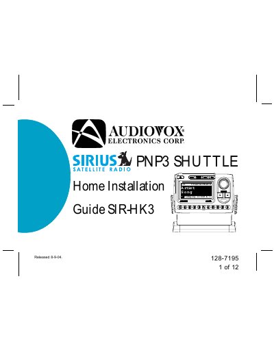 Audiovox SIR-HK3 Home Installation Guide - cover page
