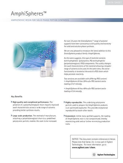 Varian AmphiSpheres Amphipathic Resin Product Leaflet - cover page