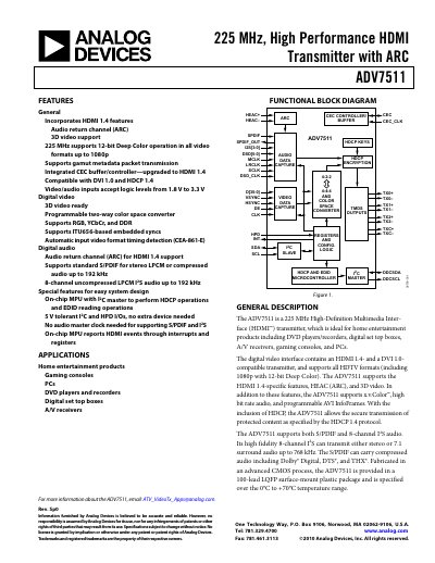 Analog Devices ADV7511 HDMI Transmitter Datasheet - cover page