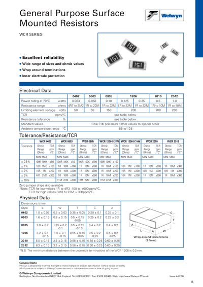 Welwyn WCR SERIES General Purpose Surface Mounted Resistors - cover page