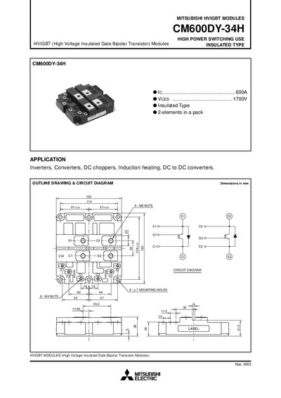 Mitsubishi CM600DY-34H HVIGBT Module Datasheet - cover page