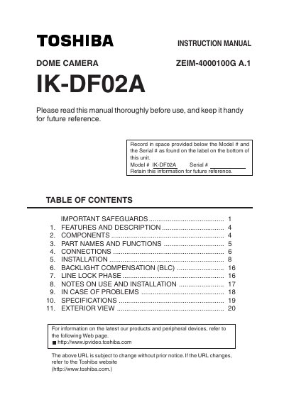 toshiba DOME CAMERA IK-DF02A INSTRUCTION MANUAL - cover page