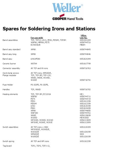 Cooper Tools Weller Soldering Iron Stations Parts List - cover page