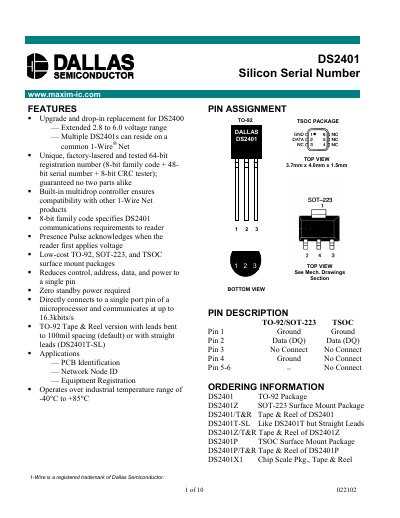Dallas Semiconductor DS2401 Datasheet - cover page