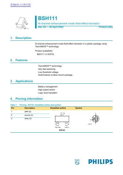 Philips BSH111 MOSFET Product Data Sheet - cover page