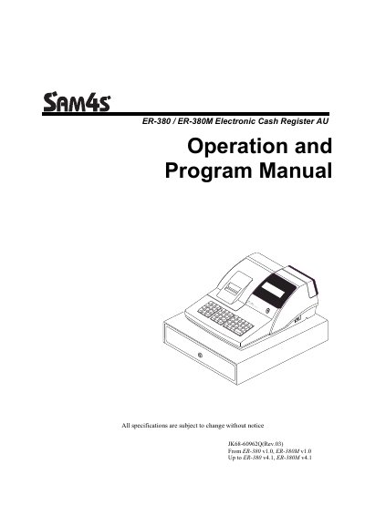 SAM4S ER-380/ER-380M Electronic Cash Register Operation and Program Manual - cover page