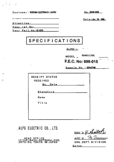 ALPS RS4511110K Slide Potentiometer Datasheet - cover page