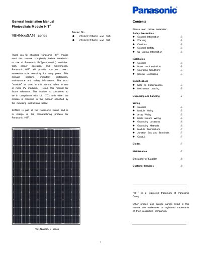 Panasonic HIT VBHNxxxSA16 Series Installation Guide - cover page