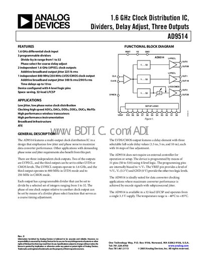 Analog Devices AD9514 Clock Distribution IC Datasheet - cover page