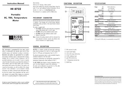 Hanna Instruments HI 8732 Portable EC TDS Temperature Meter Instruction Manual - cover page