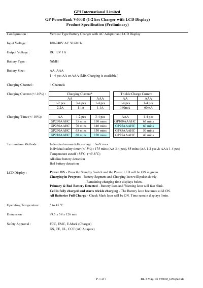 GP V600D Battery Charger Product Specification - cover page