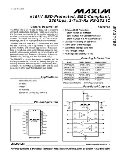 Maxim MAX1406 RS-232 Transceiver Datasheet - cover page