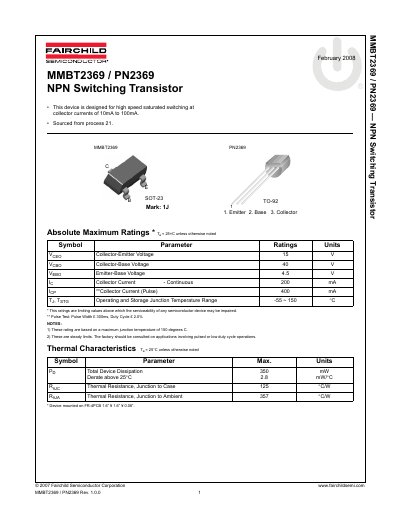 Fairchild Semiconductor MMBT2369 NPN Switching Transistor Datasheet
