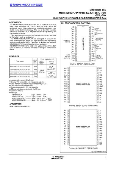 MITSUBISHI LSIs M5M51008CP FP VP RV KV KR -55H -70H -55X -70X 1048576-BIT(131072-WORD BY 8-BIT)CMOS STATIC RAM - cover page