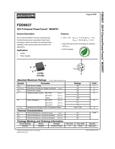Fairchild FDD6637 35V P-Channel PowerTrench MOSFET Datasheet - cover page