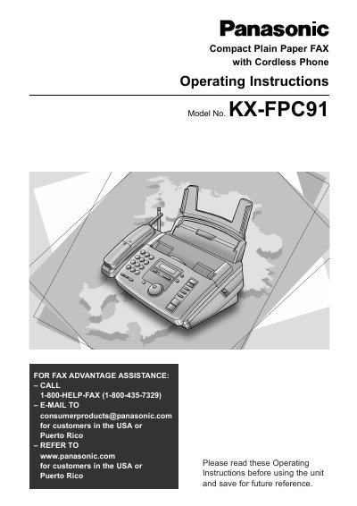 Panasonic KX-FPC91 Compact Plain Paper Fax with Cordless Phone Operating Instructions - cover page