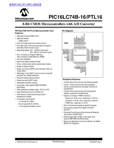 Microchip PIC16LC74B-16/PTL16 8-Bit CMOS Microcontroller Datasheet - cover page