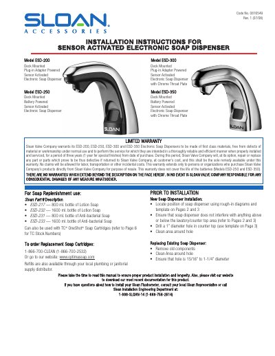 Sloan Valve Company ESD-200/250/300/350 Electronic Soap Dispenser Installation Guide - cover page