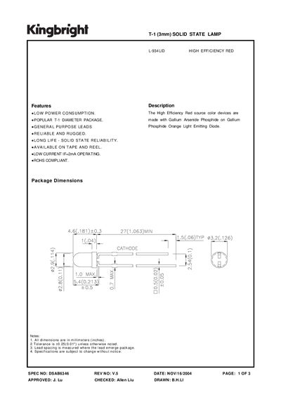 KINGBRIGHT - SPEC NO: DSAB6346 REV NO: V.5 T-1 (3mm) SOLID STATE LAMP handbook - cover page