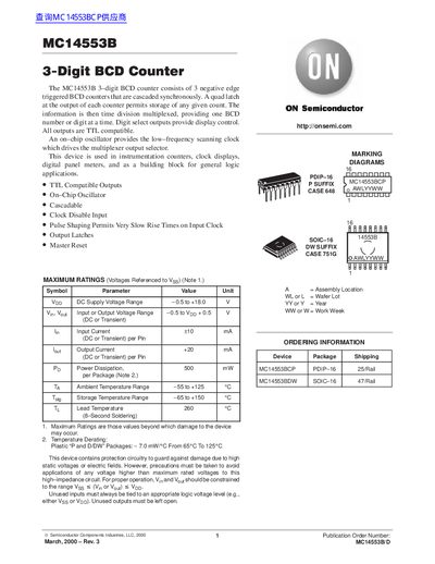 ON Semiconductor MC14553B 3-Digit BCD Counter Datasheet - cover page
