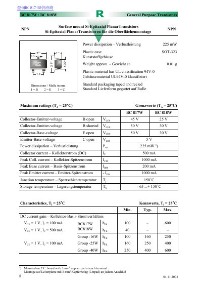 BC 817W / BC 818W General Purpose Transistors Datasheet - cover page