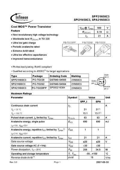 Infineon SPP21N50C3 / SPI21N50C3 / SPA21N50C3 Datasheet - cover page
