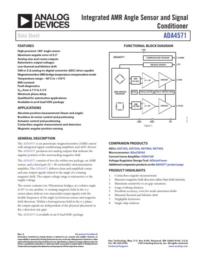 Analog Devices ADA4571 Integrated AMR Angle Sensor and Signal Conditioner Data Sheet - cover page