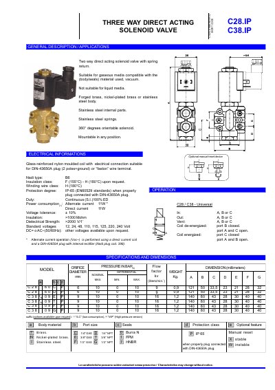 Nadi C28/C38 Three Way Direct Acting Solenoid Valve Technical Data Sheet - cover page