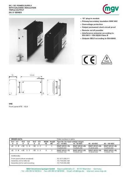 MGV DG37 Series DC/DC Power Supply Product Data Sheet - cover page