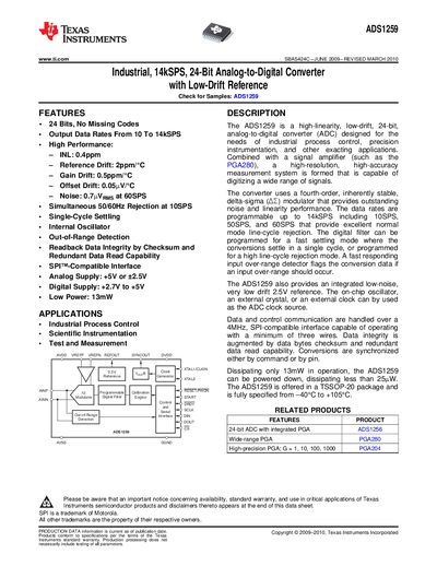 Texas Instruments ADS1259 24‑Bit ADC Industrial 14kSPS Datasheet - cover page