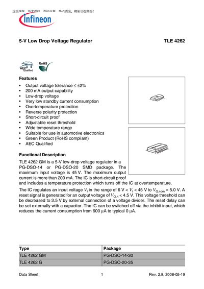 Infineon TLE 4262 5‑V Low Drop Voltage Regulator Datasheet - cover page