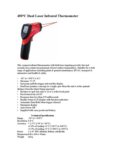 450°C Dual Laser Infrared Thermometer User Manual - cover page