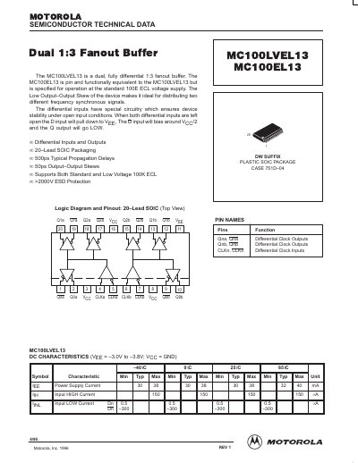Motorola MC100LVEL13/MC100EL13 Dual Fanout Buffer Datasheet - cover page