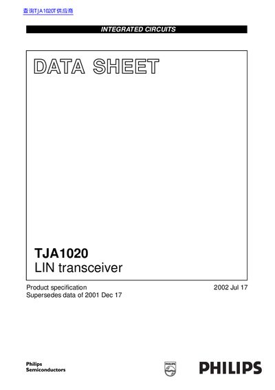 Philips TJA1020 LIN Transceiver Data Sheet - cover page